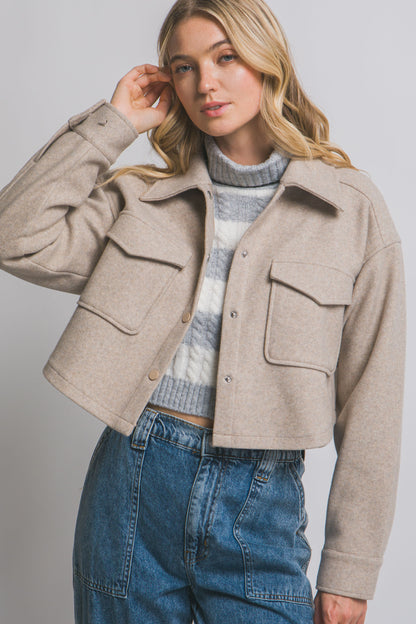Fleece Cropped Snap-Button Shacket Oatmeal