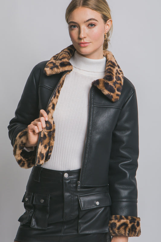 Spotted in Style Black Leather Jacket Leopard Print