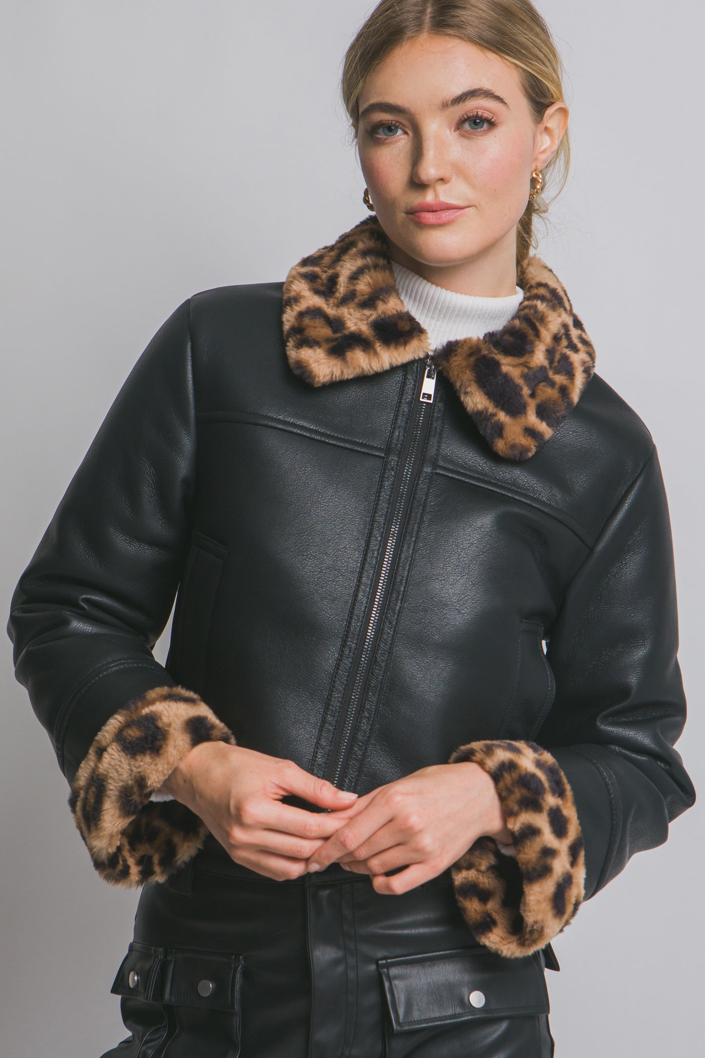 Spotted in Style Black Leather Jacket Leopard Print