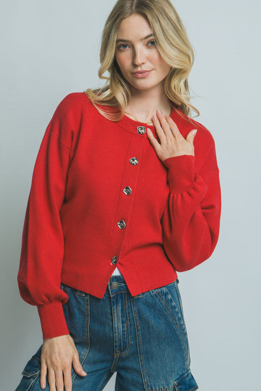 Red Round Neck Cardigan Flower Buttons