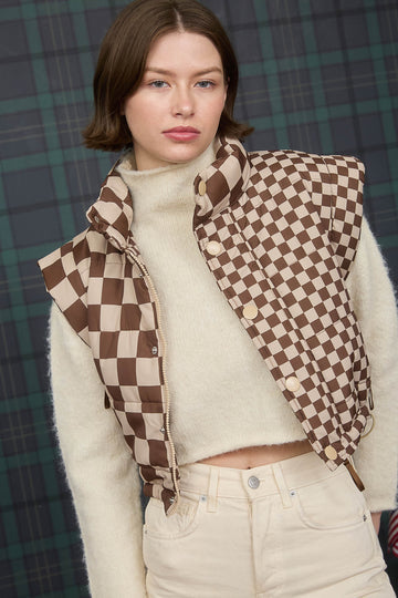 Checkered Cropped Puffer Vest Chocolate
