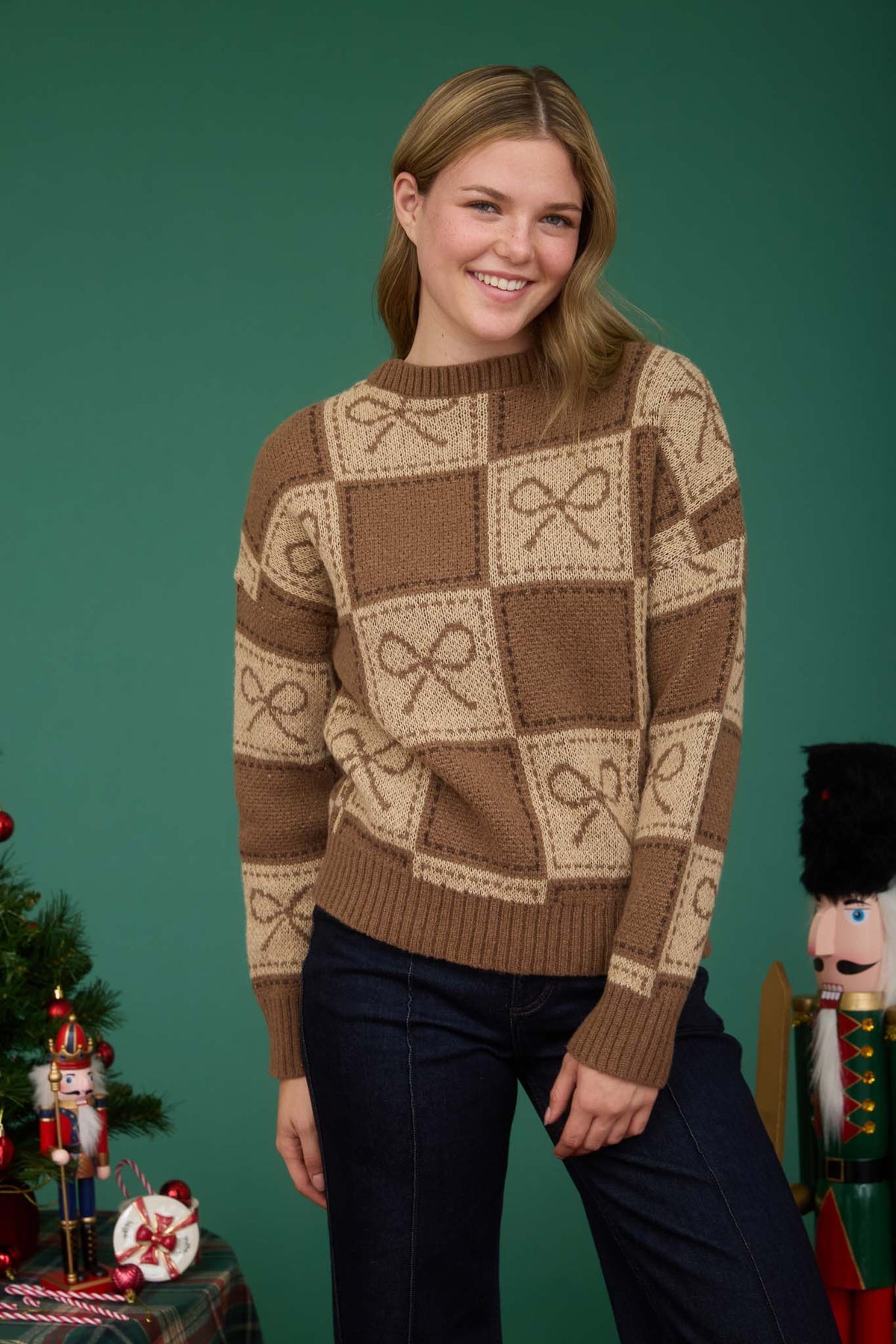 Checkered Bow Jacquard Crewneck Sweater Mocha and Tan