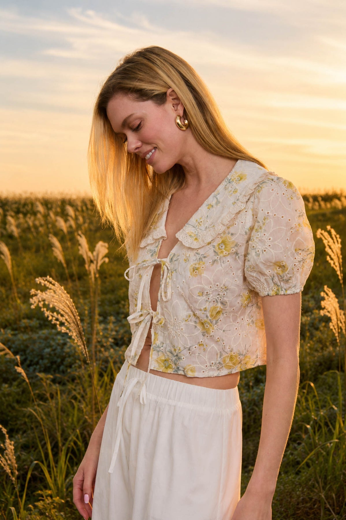 Golden Hour Floral Baby Doll Collared Top