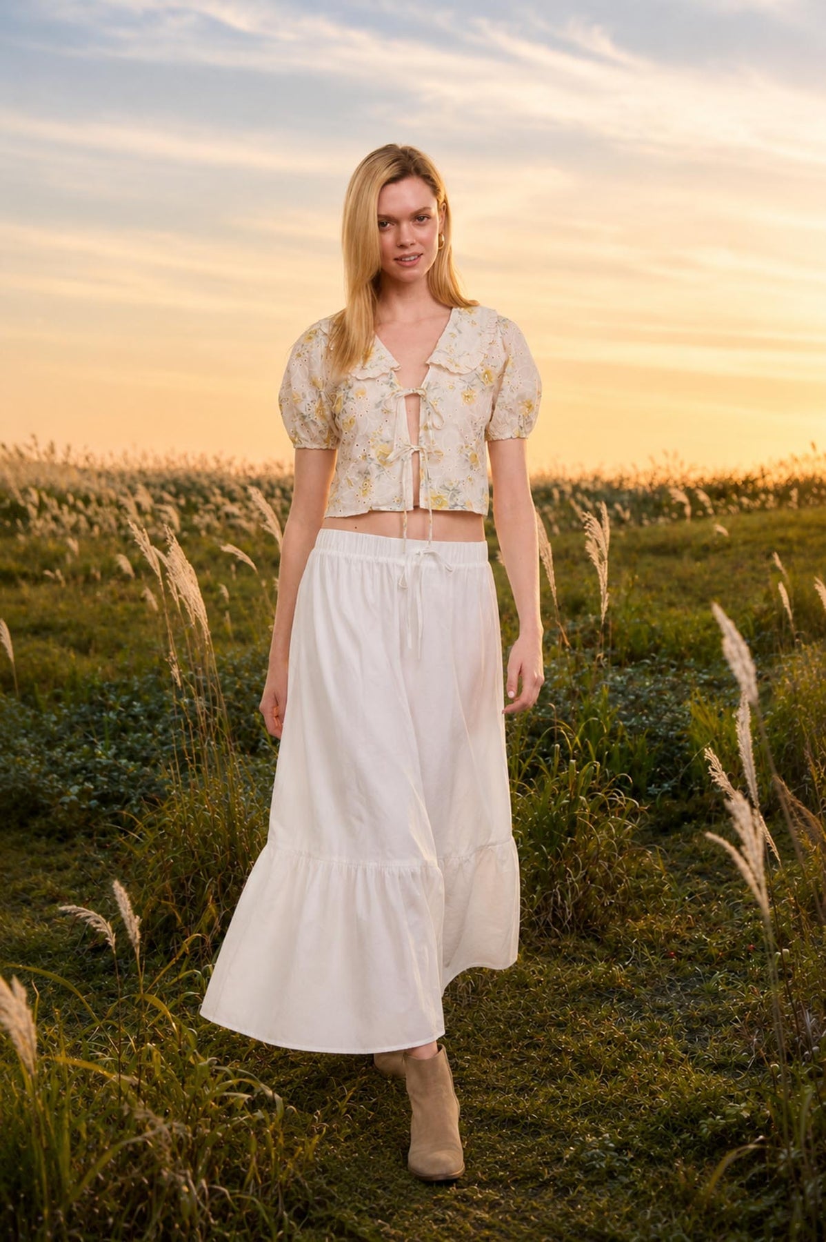 Golden Hour Floral Baby Doll Collared Top