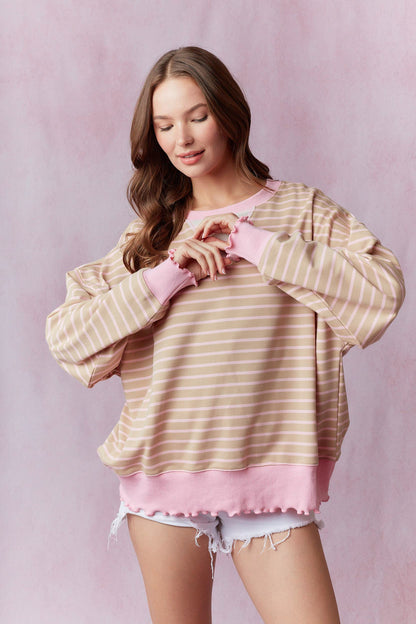 Stripe Terry Top with Lettuce Rib Bottom Light Sand & Soft Pink