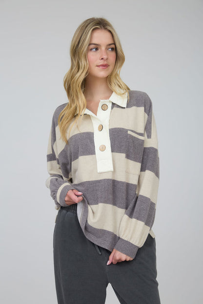 Lila Moon Washed Stripe Contrast Collar Long Sleeve Top Grey Cream