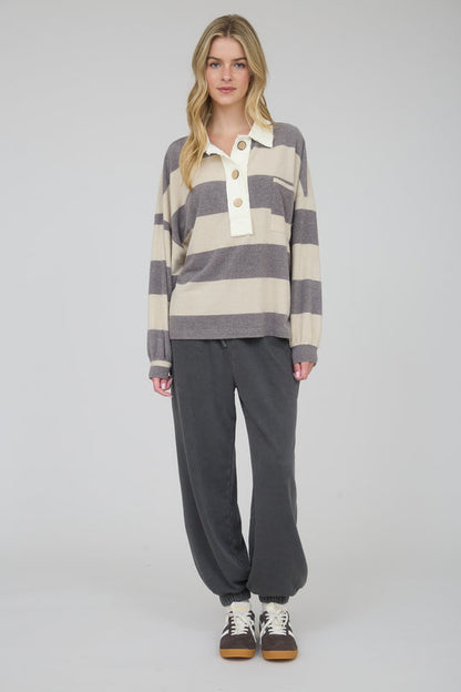 Lila Moon Washed Stripe Contrast Collar Long Sleeve Top Grey Cream