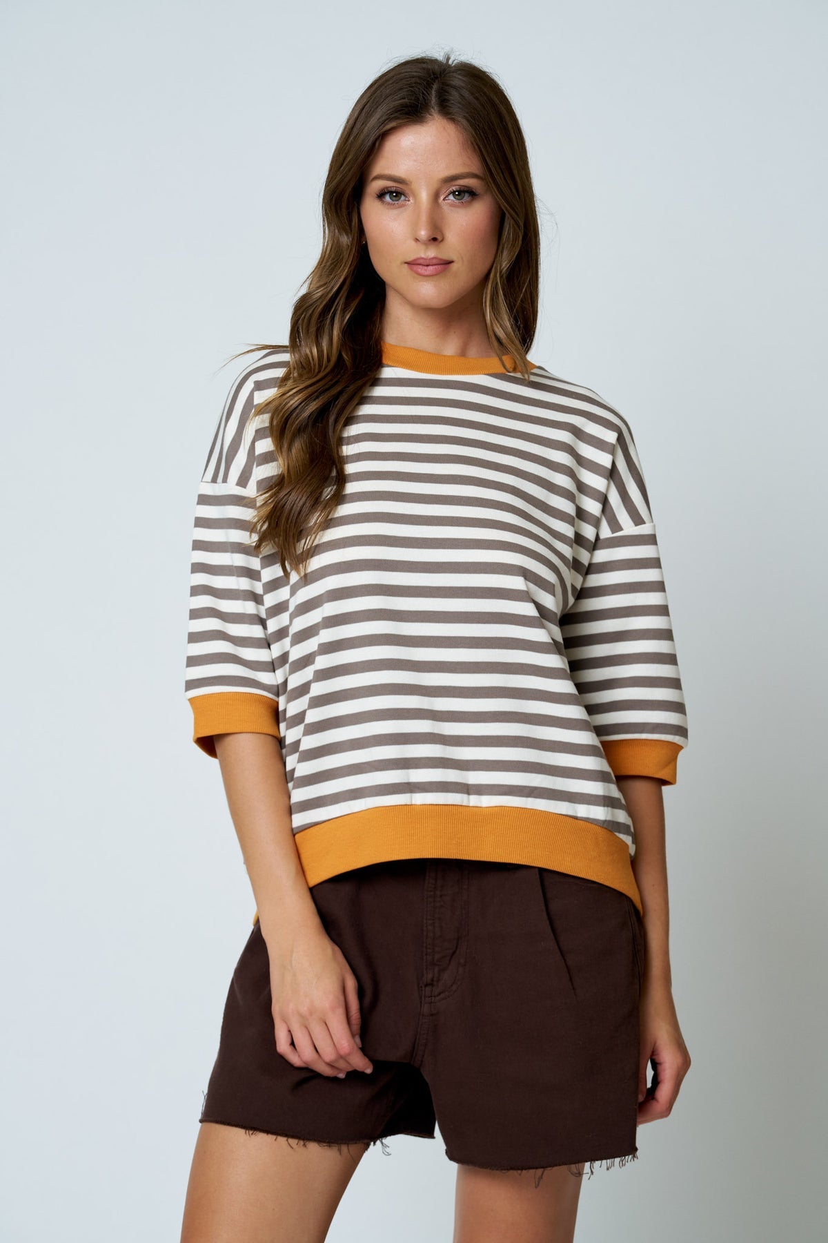 Simply Cute Stripe Colorblock Top Blue Hunter Golden Taupe