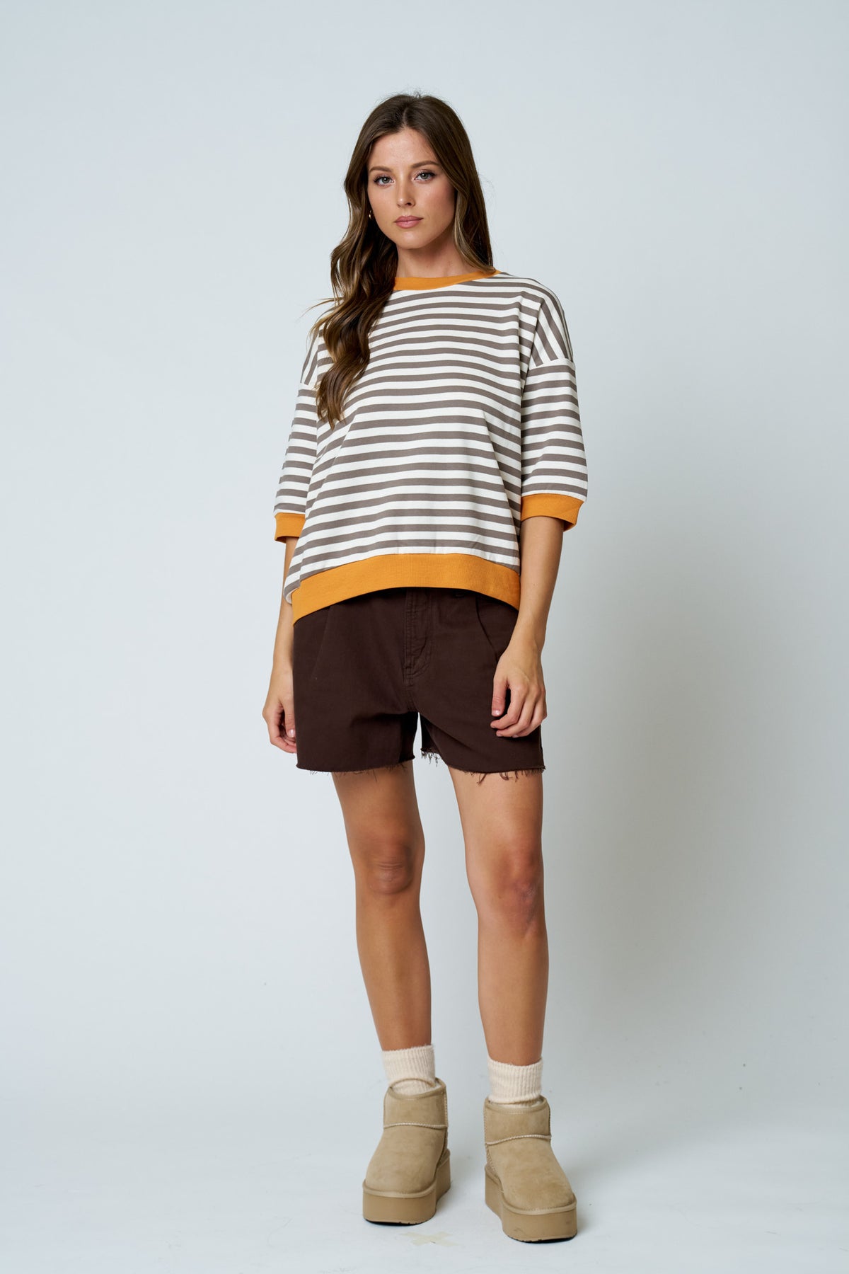 Simply Cute Stripe Colorblock Top Blue Hunter Golden Taupe