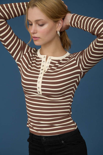 Snap Button Henley Rib Knit Strip Top Chocolate