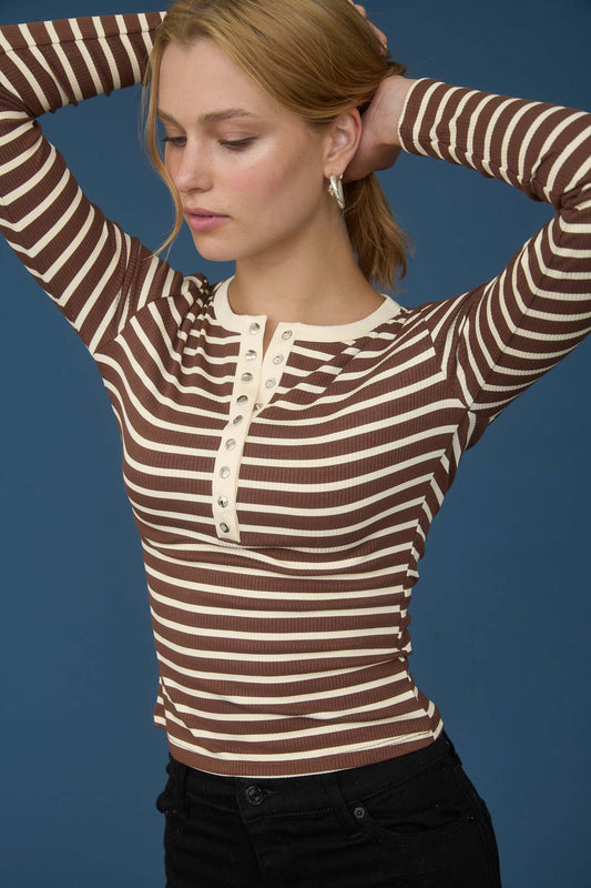 Snap Button Henley Rib Knit Strip Top Chocolate