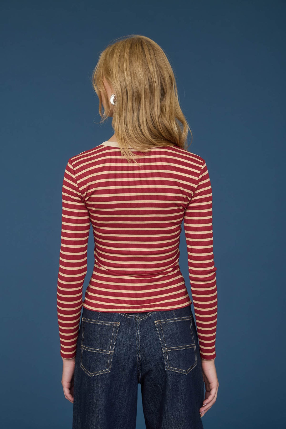 Snap Button Henley Rib Knit Strip Top Deep Red