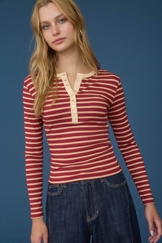 Snap Button Henley Rib Knit Strip Top Deep Red
