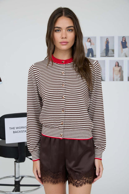 Pretty Little Brown + Red Stripe Cardigan