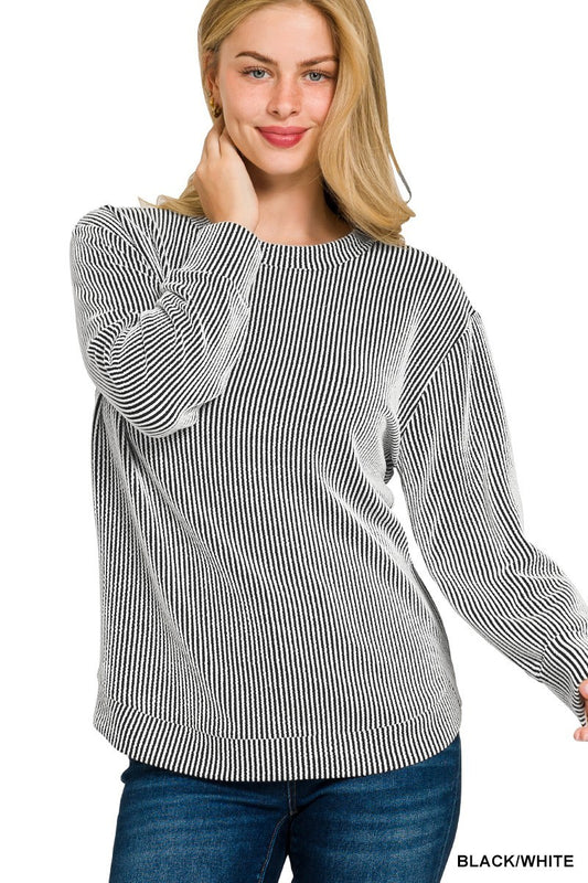 Black & White Raised Rib Round Neck Long Sleeve