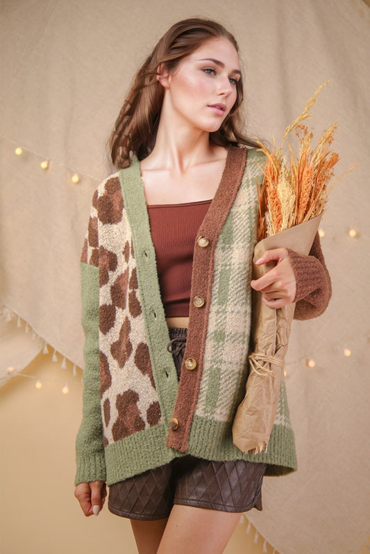 Leopard & Plaid Knit Sweater Cardigan