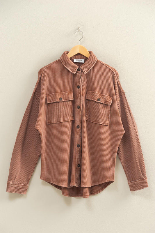 Oversized Mineral Washed Waffle Button Up Shacket Chestnut