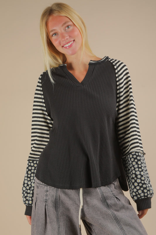 Cute & Casual Oversized Floral & Stripe Top