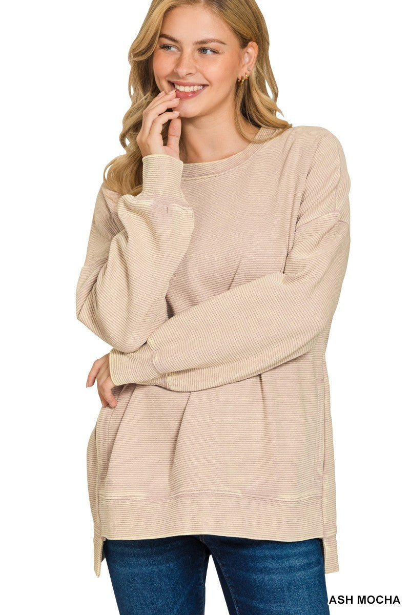 Acid Washed Double Ribbed HI-Low Pullover Ash Mocha