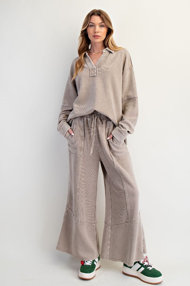 Light Mocha Textured Mineral Washed Bell Pants