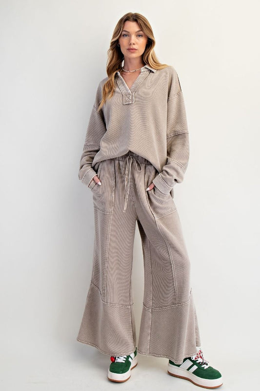 Light Mocha Textured Mineral Washed Bell Pants