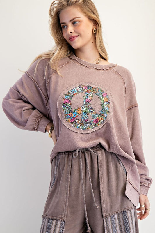 Mocha Mineral Washed Peace Floral Terry Pullover