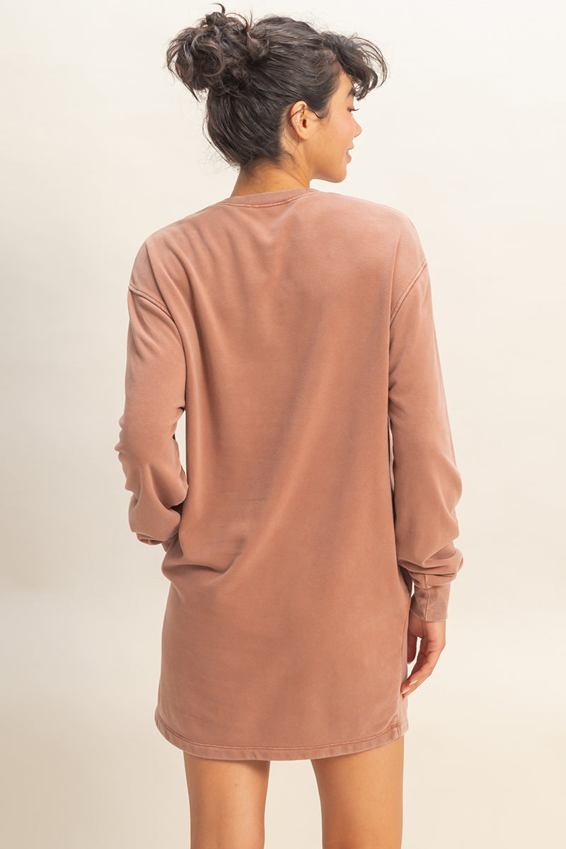 Oversized Mineral Wash Mini Dress Chestnut