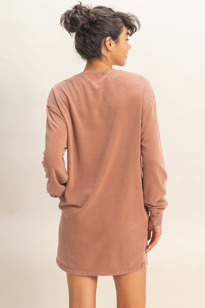 Oversized Mineral Wash Mini Dress Chestnut