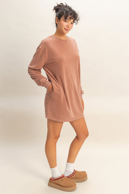 Oversized Mineral Wash Mini Dress Chestnut