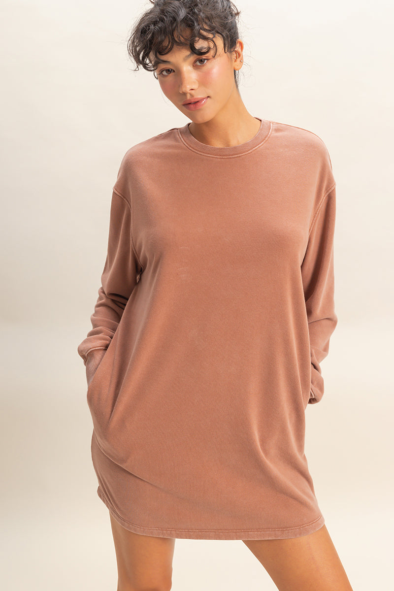 Oversized Mineral Wash Mini Dress Chestnut