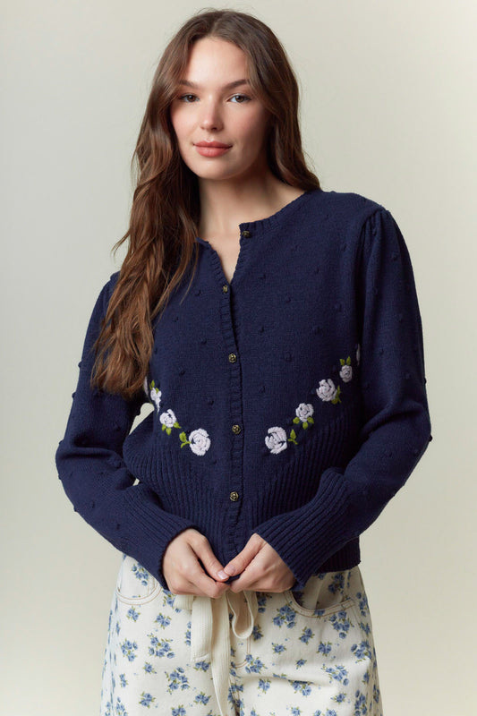 Rose Embroidery Dot Detail Crew Neck Long Sleeve Cardigan Navy