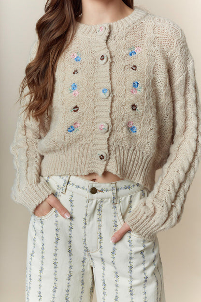 The Emory Flower Embroidery Detail Button Down Cropped Cardigan