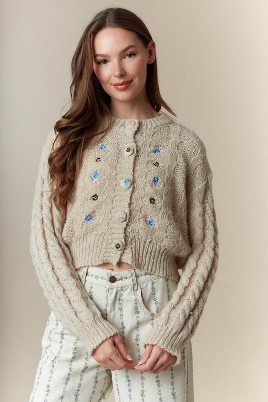 The Emory Flower Embroidery Detail Button Down Cropped Cardigan