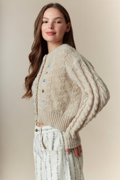 The Emory Flower Embroidery Detail Button Down Cropped Cardigan