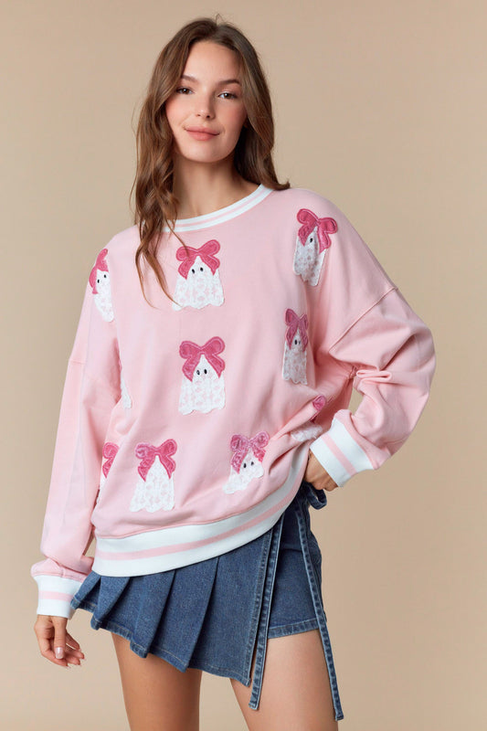 Lacey Boo Long Sleeve Sweatshirt with Velvet Bow Detail