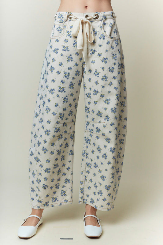 Floral Printed Waist Tie Barrel Detail Denim Pants