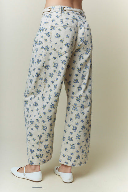 Floral Printed Waist Tie Barrel Detail Denim Pants