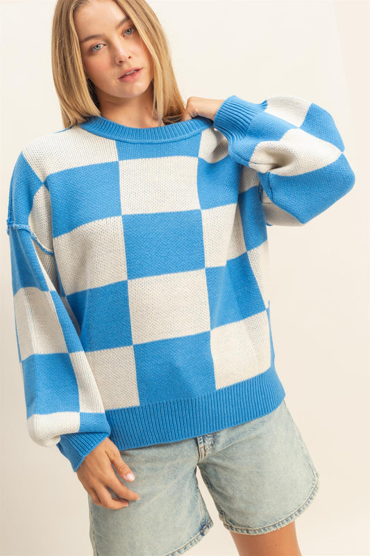Checkered Knit Blue and White Sweater