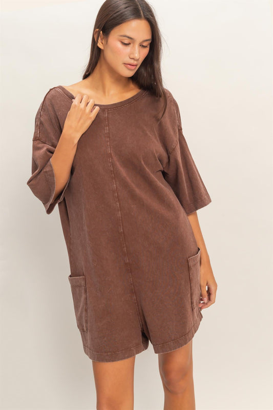 V-Back Mineral Washed Romper Chocolate