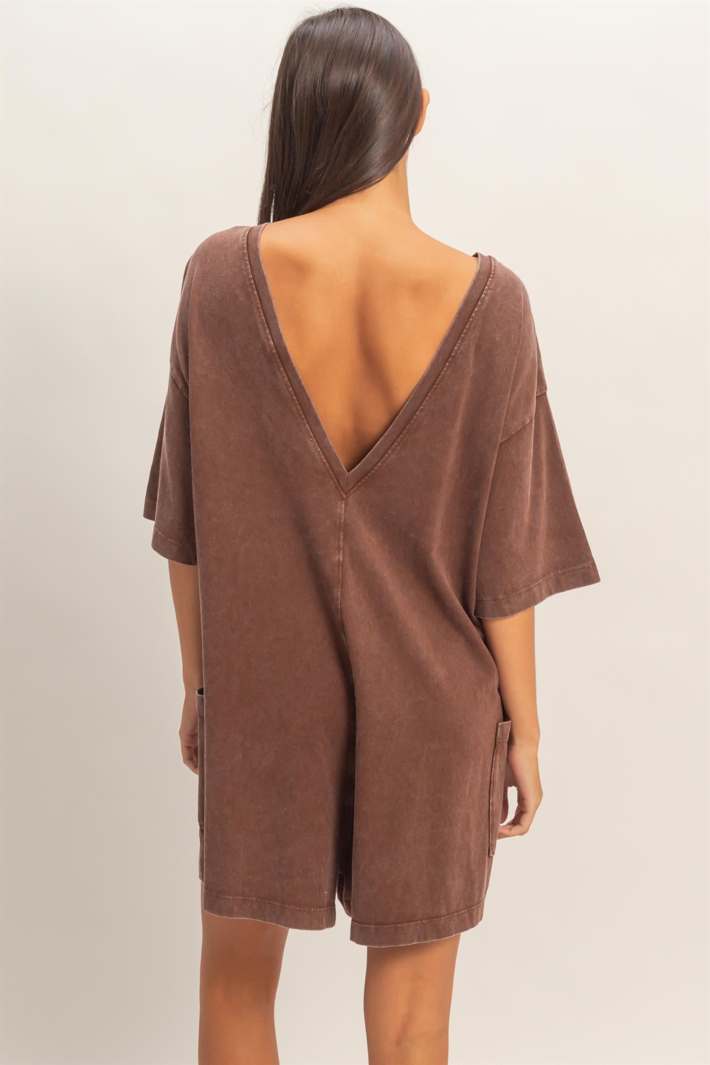 V-Back Mineral Washed Romper Chocolate