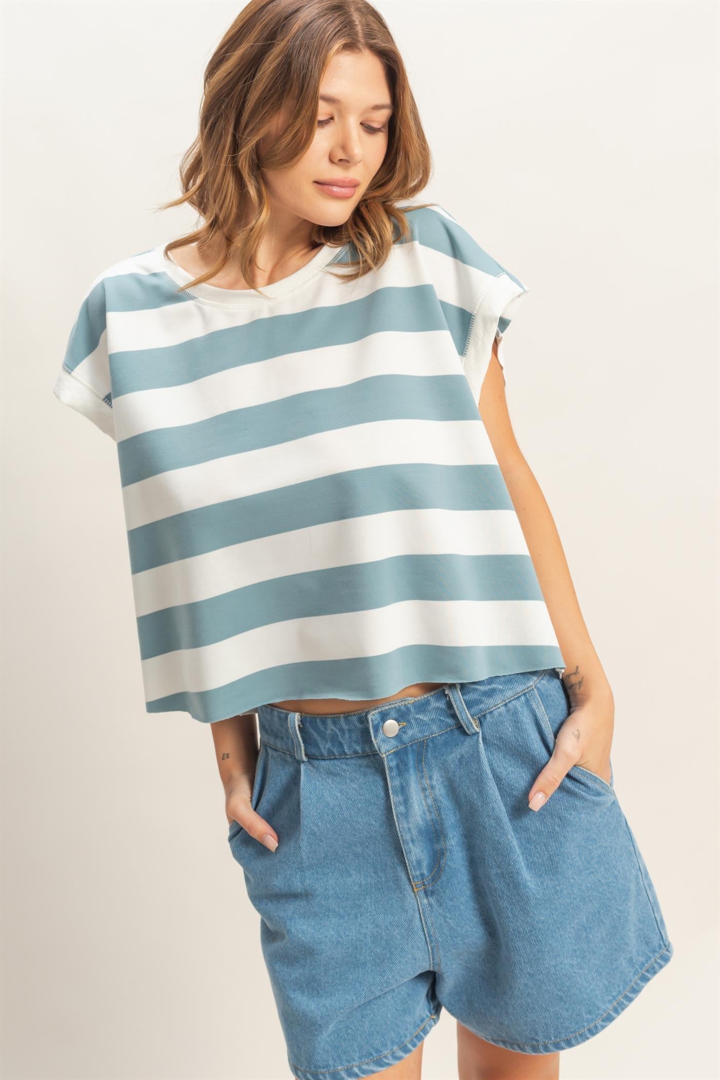 Boxy Babe Stripe Crew Neck Sky Blue