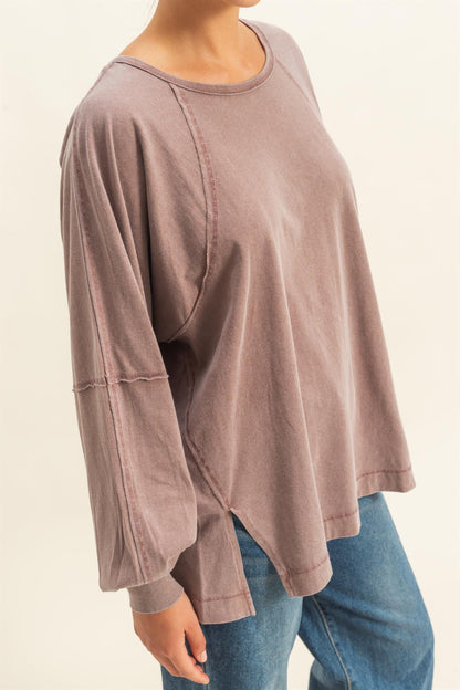 Chestnut Mineral Washed Oversized Top with slit