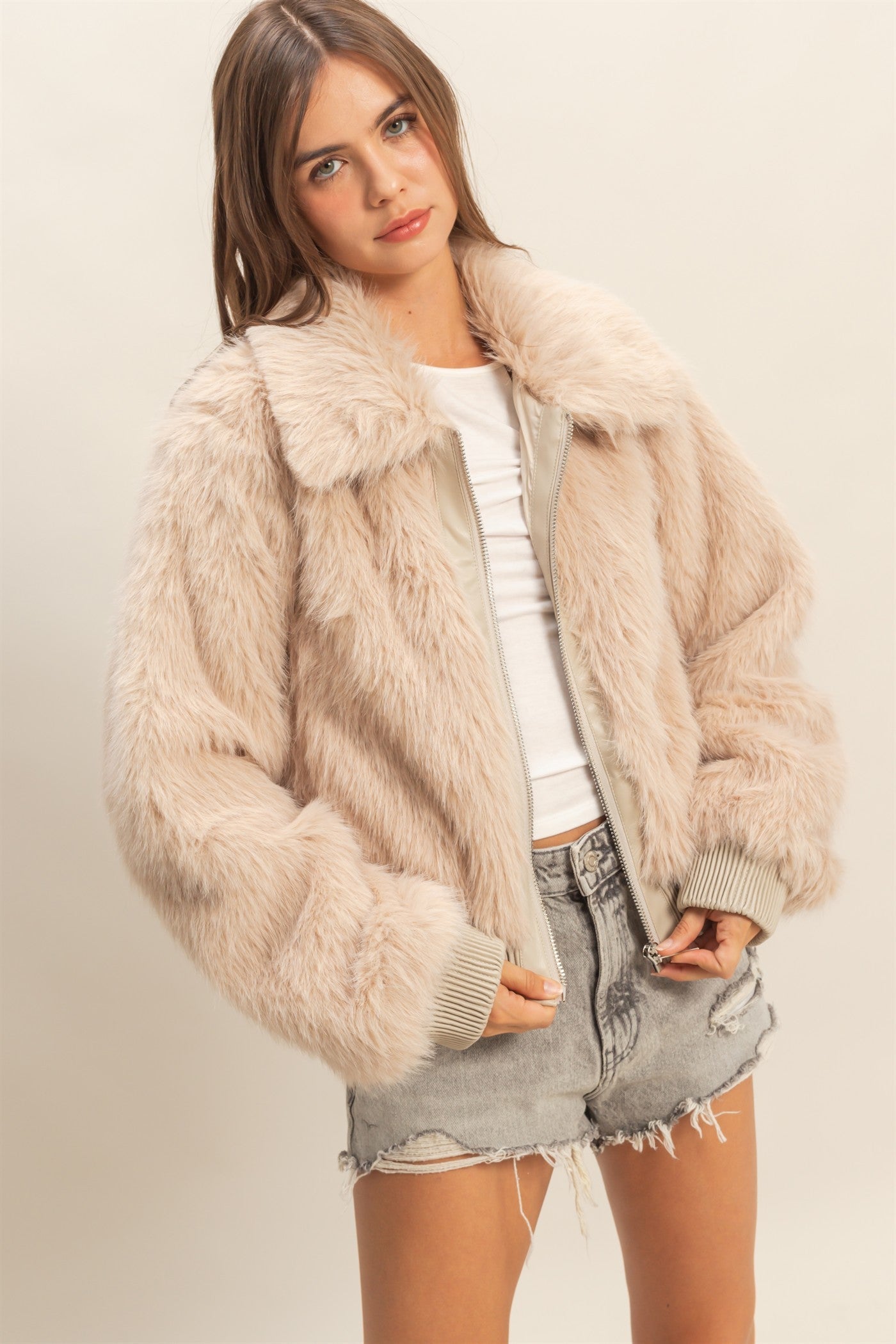 Hey Girl Fur Zip Up Light Mocha