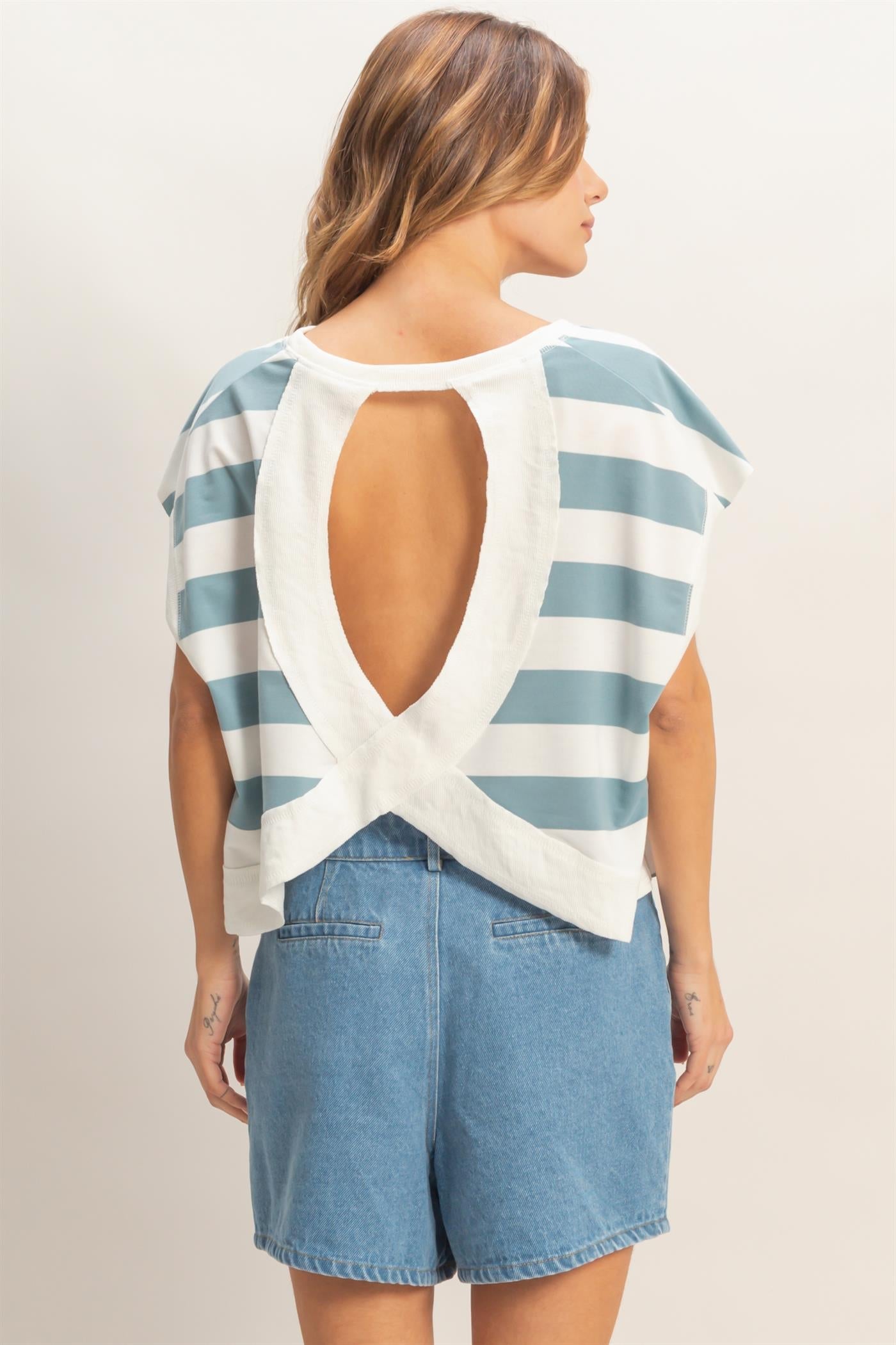 Boxy Babe Stripe Crew Neck Sky Blue