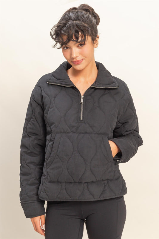 Quilted Half Zip Washed Black Pullover