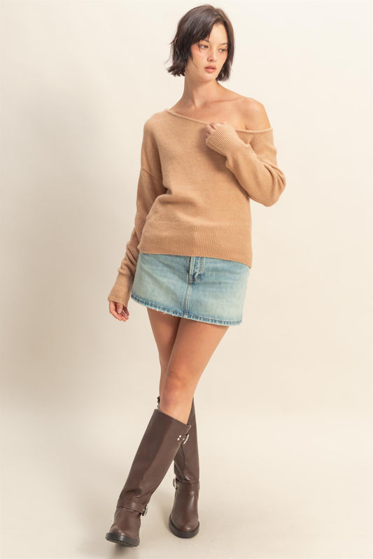 Asymmetric Off-Shoulder Sweater Dark Taupe