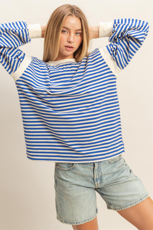 Blue + White Striped Long Sleeve Top