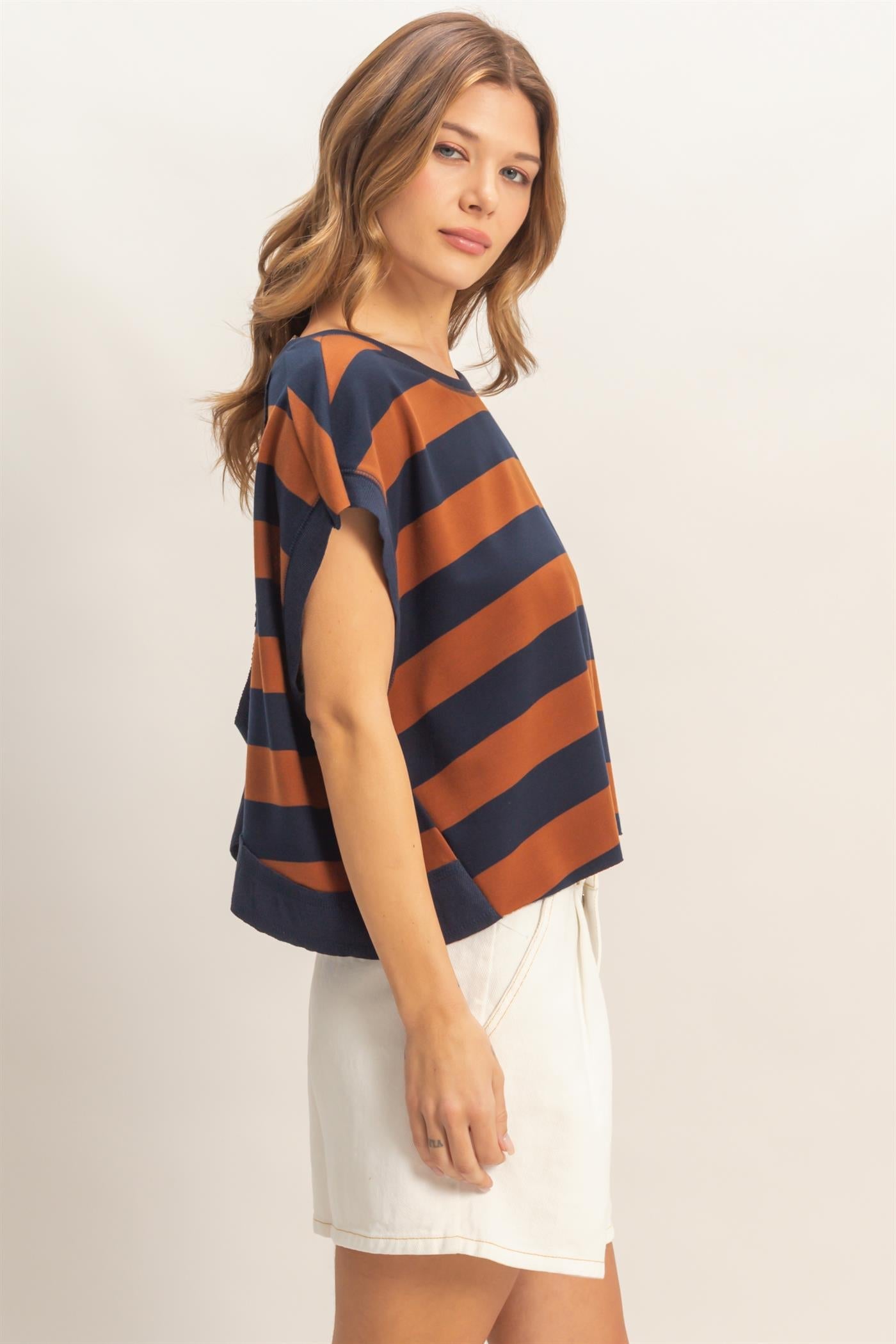 Boxy Babe Stripe Crew Neck Brown