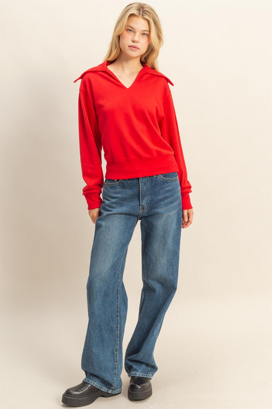 Red Casual Collared Pullover Sweatshirt