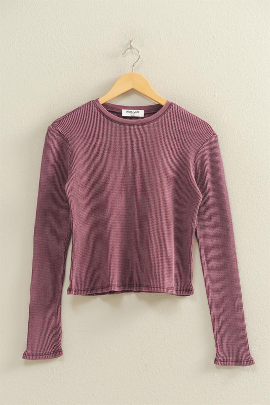 Mineral Wash Waffle Knit Long Sleeve Top Plum